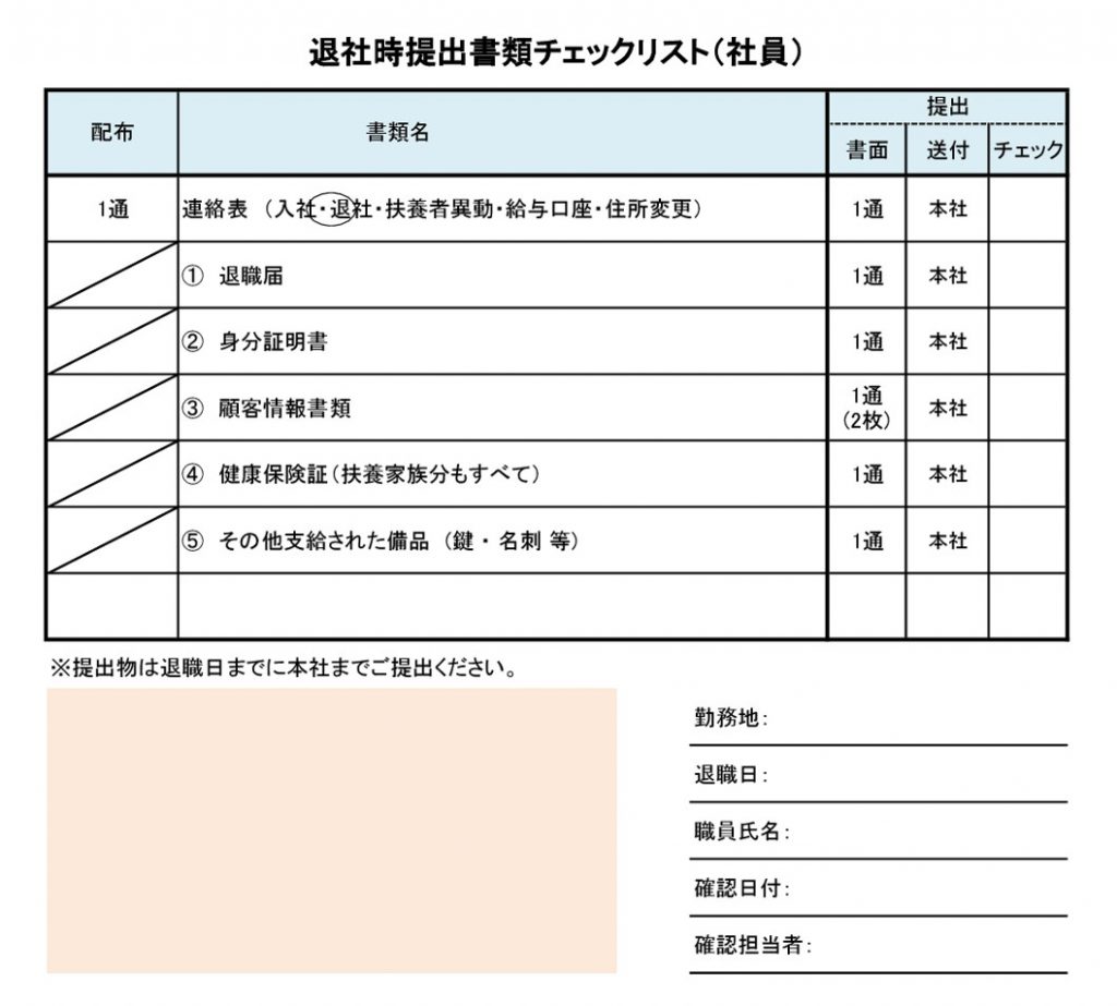 退社時提出書類チェックリスト